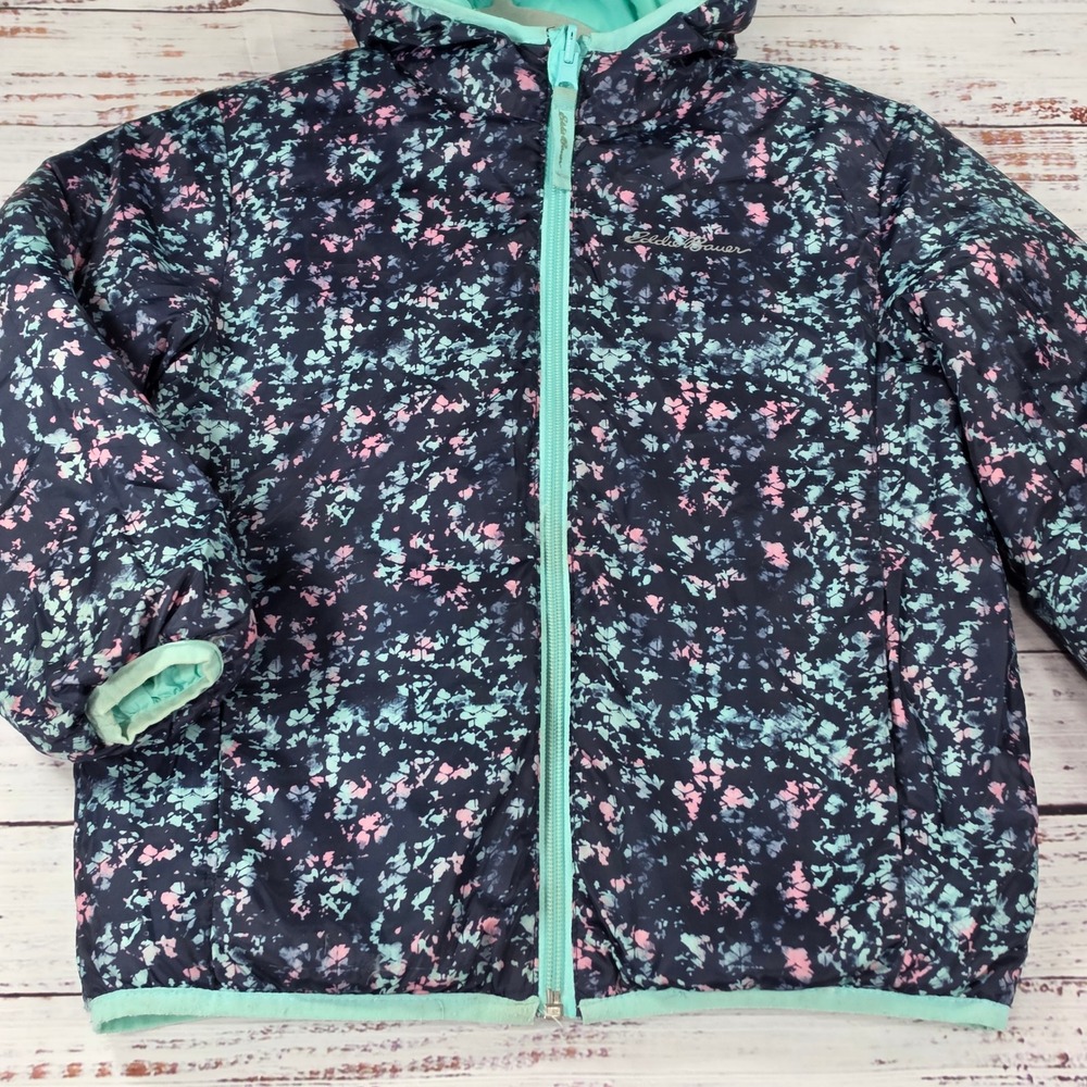 Eddie Bauer Puffer Coat Kids L Floral Mint Green Good Reversible Hooded Jacket